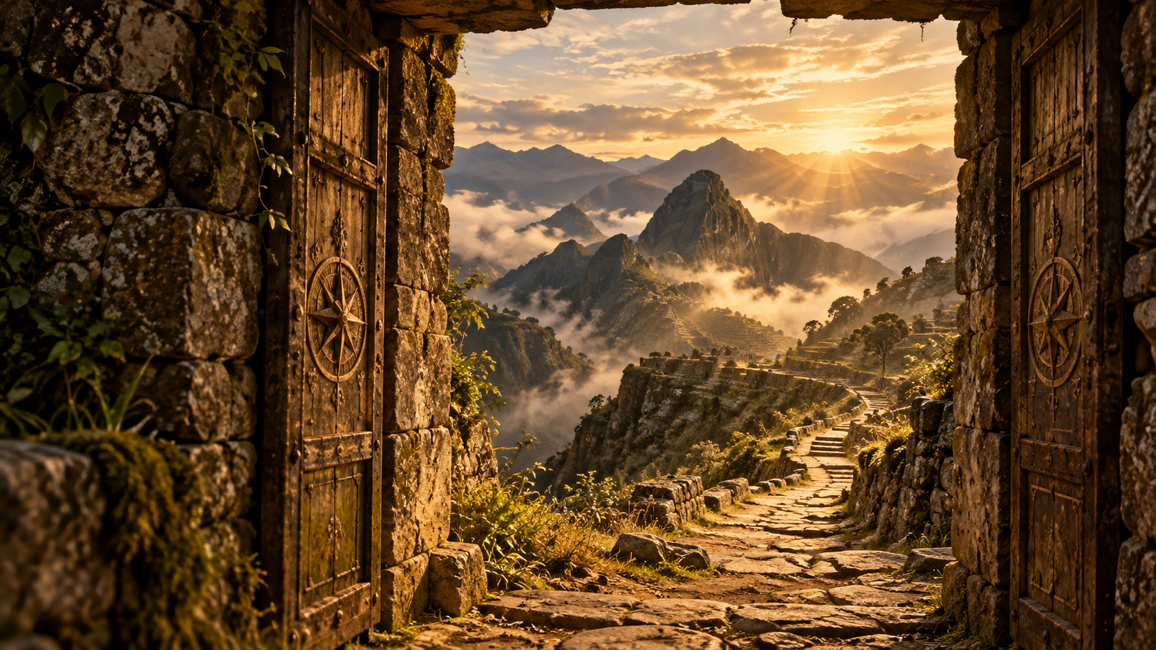 An ancient stone doorway opening onto a golden mountain valley and a winding trail